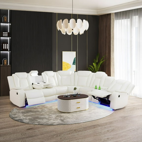 Pon Living Power Recliner Sofa Set, LED-Lit, White Leather Sectional, USB-Charging, Versatile for Living Room, Apartment, Office, Home Theatre, Ultimate Comfort Experience