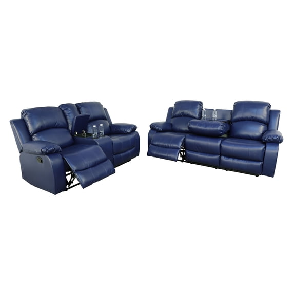 Pon Living Recliner Living Room Set, 2 PCS Sofa & Loveseat Set with Drop Down Table & Central Console for Living Room (Blue, Bonded Leather)
