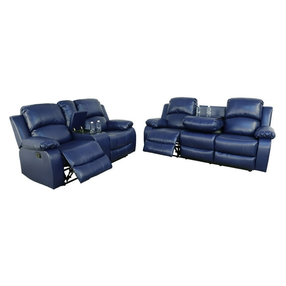 Pon Living Recliner Living Room Set, 2 PCS Sofa & Loveseat Set with Drop Down Table & Central Console for Living Room (Blue, Bonded Leather)