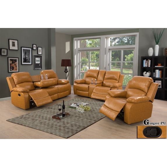 Pon Living Recliner Living Room Set, 3 PCS Sectional Sofa, Loveseat, Chair with Drop Down Table & Central Console for Living Room (Ginger, Bonded Leather)