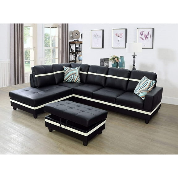 PonLiving 103.50" Wide Black & White Faux Leather Sectional with Ottoman Left Hand Facing