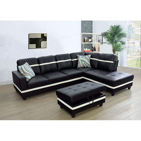 PonLiving 103.50" Wide Black & White Faux Leather Sectional with Ottoman Right Hand Facing