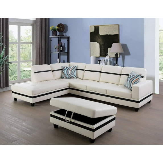 Emberley 103" Wide Faux Leather Left Hand Facing Sofa & Chaise with Ottoman,Left Hand Facing, White