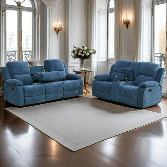 PonLiving 2 Pieces Recliner Sofa Set, Fabric Recliner Sofa and Loveseat Sets for Living Room Furniture Sets, Blue Reclining Sofa Set for Living Room/Office/Theater Seating