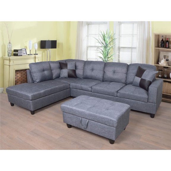 PonLiving 3-PCPiece Sectional Sofa Couch Set, L-Shaped Modern Sofa with Chaise Storage Ottoman and Pillows for Living Room Furniture, Right Hand Facing Sectional Sofa Set
