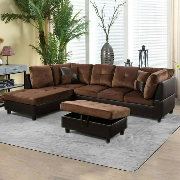 PonLiving 3 Piece Living Room Sectional Sofa Set w/ Right Facing Chaise, Storage Ottoman, Brown