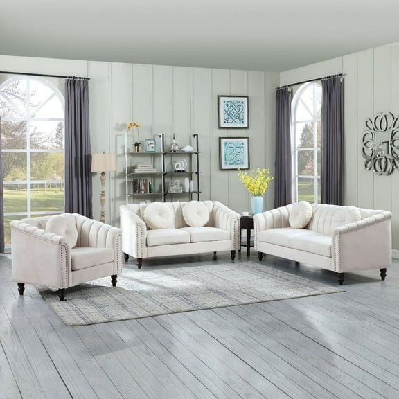 PonLiving 3 Piece Modern Velvet Upholstered Living Room Set with 3-Seater Sofa,Loveseat and Chair