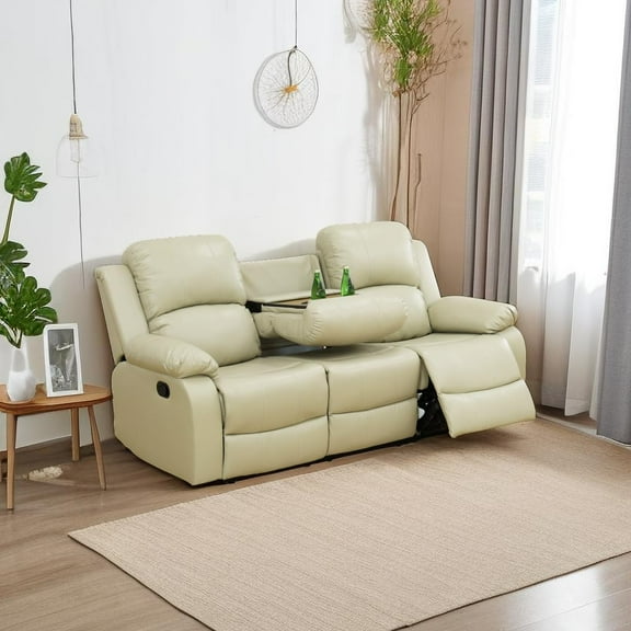 PonLiving 3 Seater Bonded Leather Reclining Sofa Couch Living Room Furniture, Manual Reclining Sofa with Cup Holders & Drop Down Table for Living Room/Rv Car(Bonded Leather Beige, Sofa)