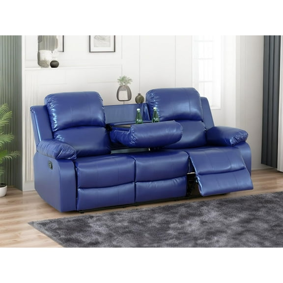 PonLiving 3 Seater Bonded Leather Reclining Sofa Couch Living Room Furniture, Manual Reclining Sofa with Cup Holders & Drop Down Table for Living Room/Rv Car(Bonded Leather Blue, Sofa)