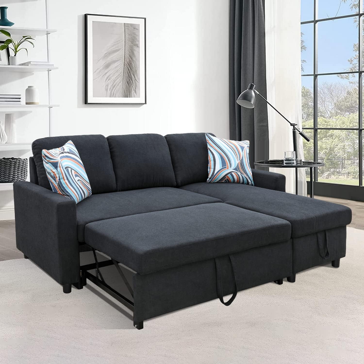 PonLiving 83" Reversible Sectional Sleeper Sofa with Storage Chaise Black Flannelette - Convertible L-Shaped Couch with Pull Out Bed
