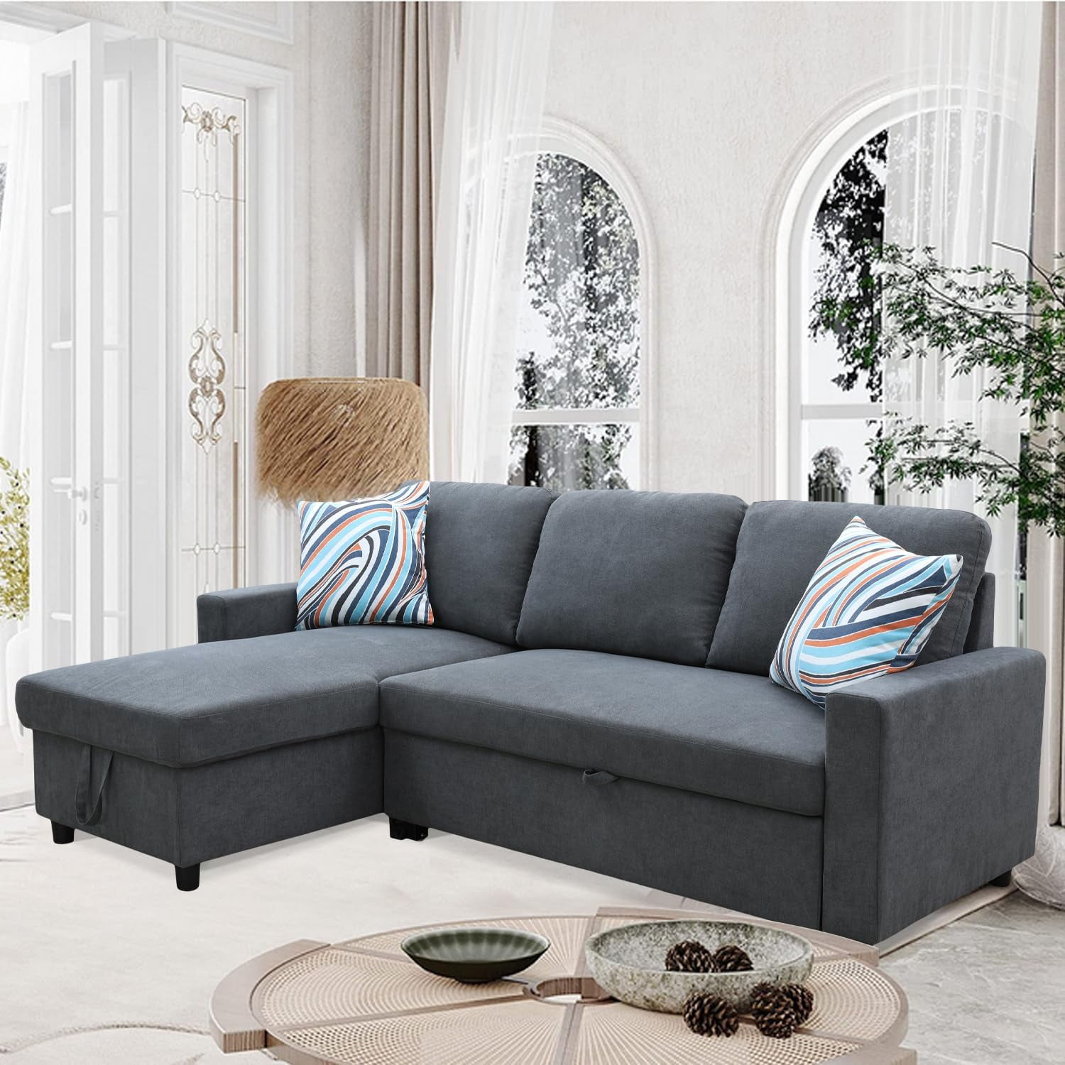 PonLiving 83" Reversible Sectional Sleeper Sofa with Storage Chaise Dark Grey Flannelette - Convertible L-Shaped Couch with Pull Out Bed