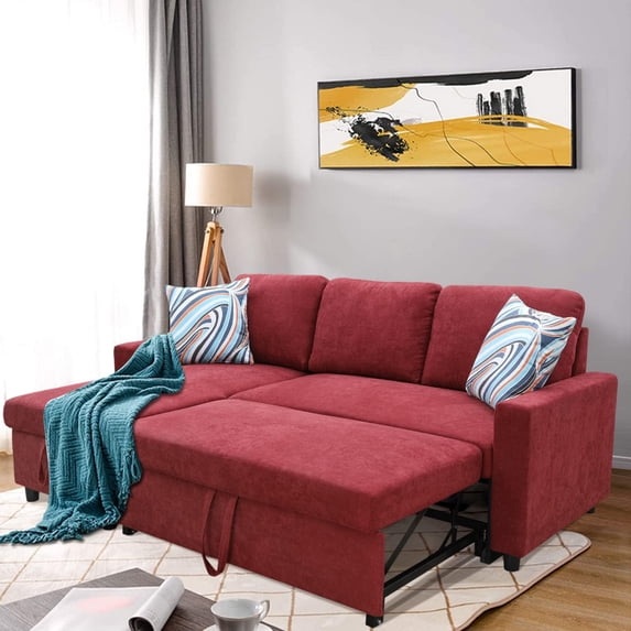 PonLiving 83" Reversible Sectional Sleeper Sofa with Storage Chaise Red Flannelette - Convertible L-Shaped Couch with Pull Out Bed