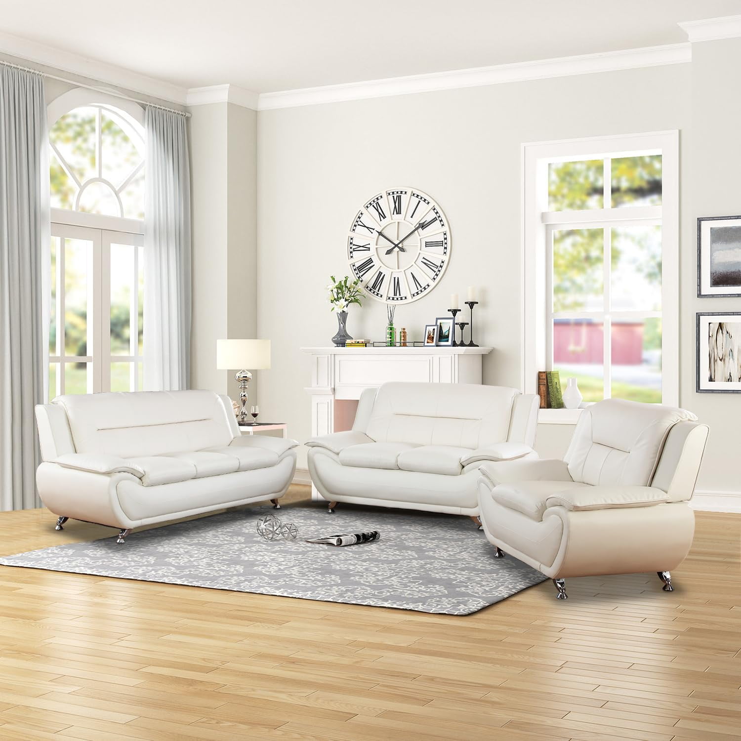 PonLiving Oversize Modern Leather Sofa Set with Loveseat and Armchair, 3-Piece Living Room Furniture Sets, Off White