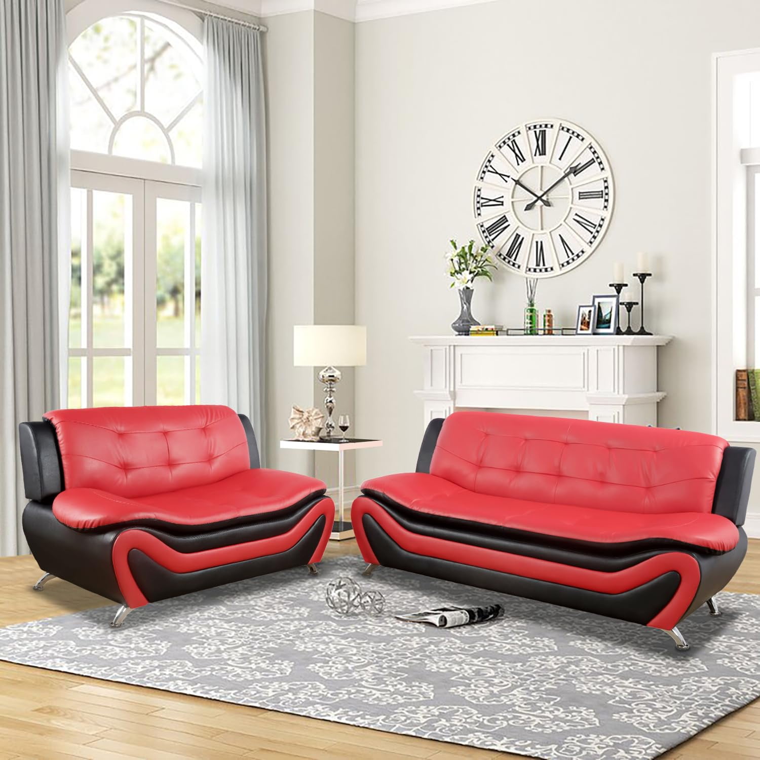 PonLiving Oversize Modern Leather Sofa Set with Sofa and Loveseat,2-Piece Living  Room Furniture Sets, Red \u0026White - Walmart.com, image size:1500x1500