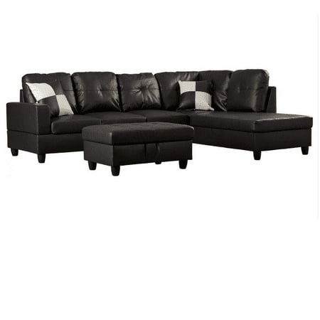 PonLiving Classic Black Faux Leather Sectional Sofa, Right Facing Chaise, 74.5"D x 103.5"W x 35"H