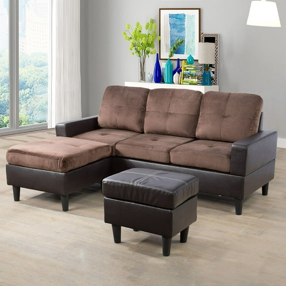 PonLiving Convertible L-Shaped Sectional Sofa with Ottoman, High-Quality Faux Leather, Firm Cushions, Storage Function, A-Brown