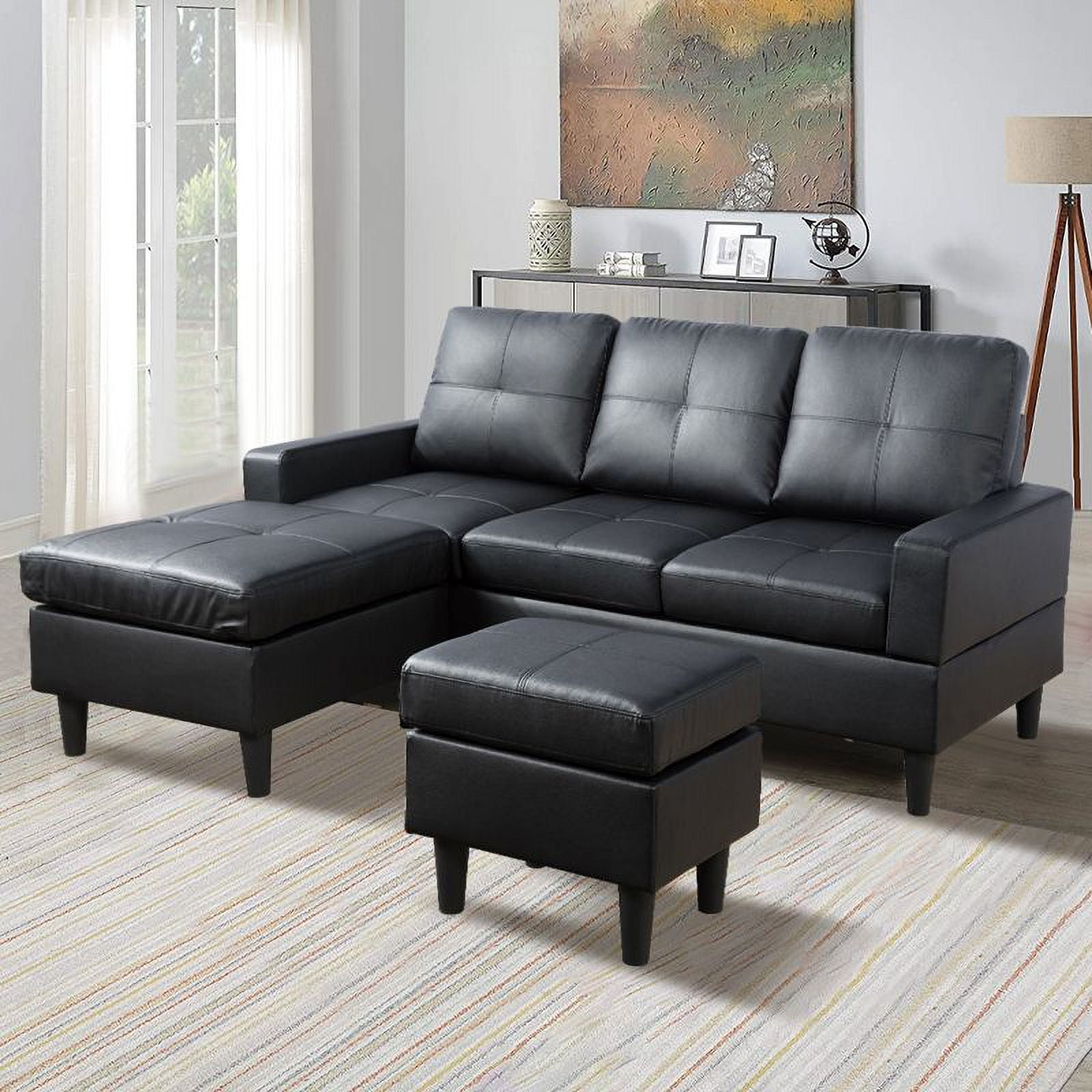 PonLiving Convertible Living Room Sectional Sofa with Reversible Chaise & Ottoman Black PU Leather