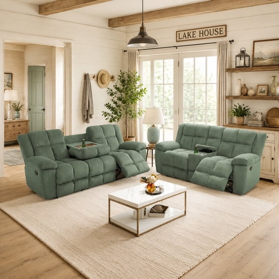 PonLiving Modern Corduroy Recliner Sofa and Loveseat Set with Overstuffed Arms, 2-Piece Green Living Room Office Couch Set