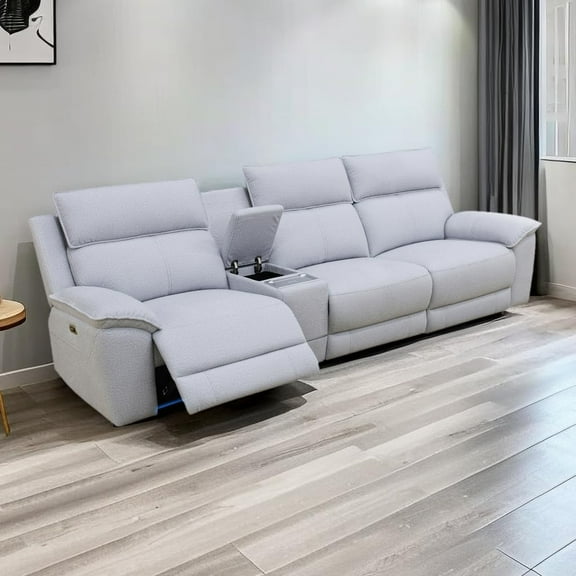 PonLiving Electric Recliner Sofa with USB Charging 3 Seater Lambswool Fabric Grey White