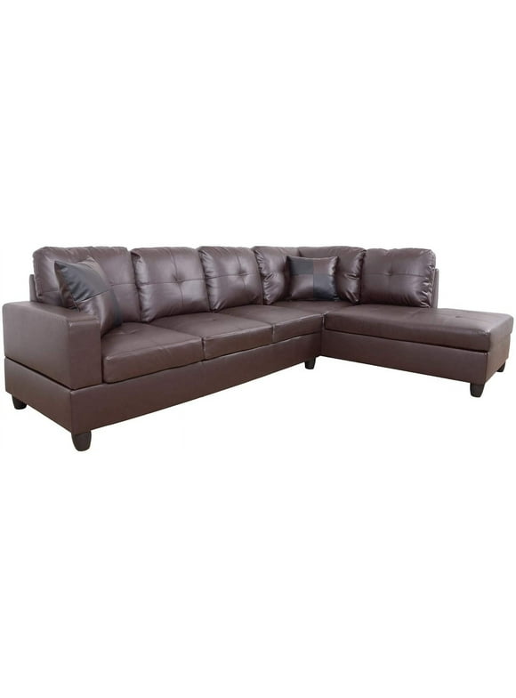 PonLiving Faux Leather Sectional Set, Living Room L-Shaped Modern Sofa Set, Right Facing Brown( without Storage Ottoman)