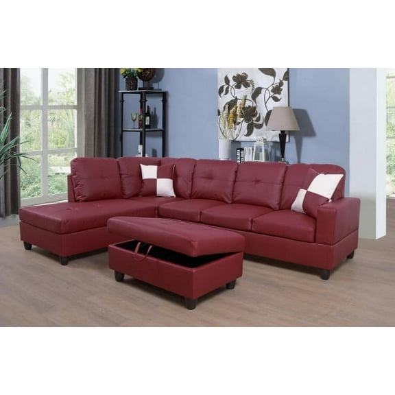 PonLiving Frame 103.5'' Left or Right Facing Sleeper Sectional with Storage Ottoman, Living Room Sectional Couches Set, Red Leather Sectional Sofa