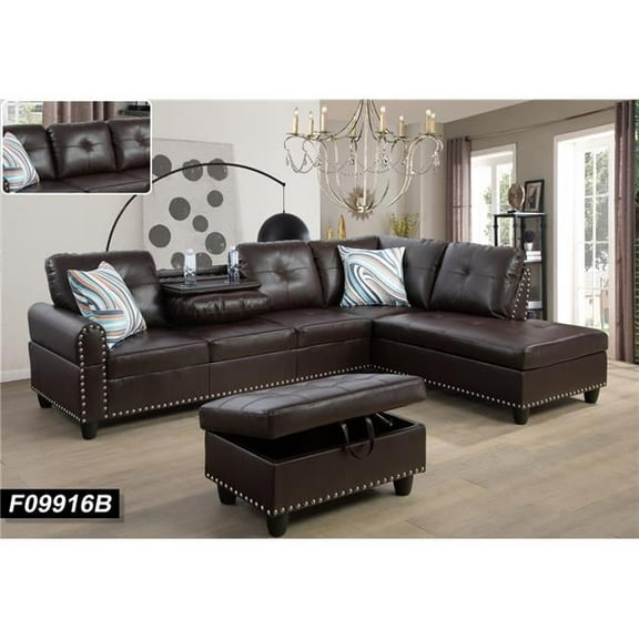 PonLiving Funiture F09916B Sectional Couch Sofa Set with Ottoman Right Facing Build-in Coffee Table Brown Faux Leather - 3 Piece
