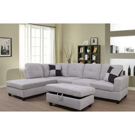 PonLiving Furniture 103" Wide Flanelette Left Hand Facing Sofa & Chaise with Ottoman Grey White