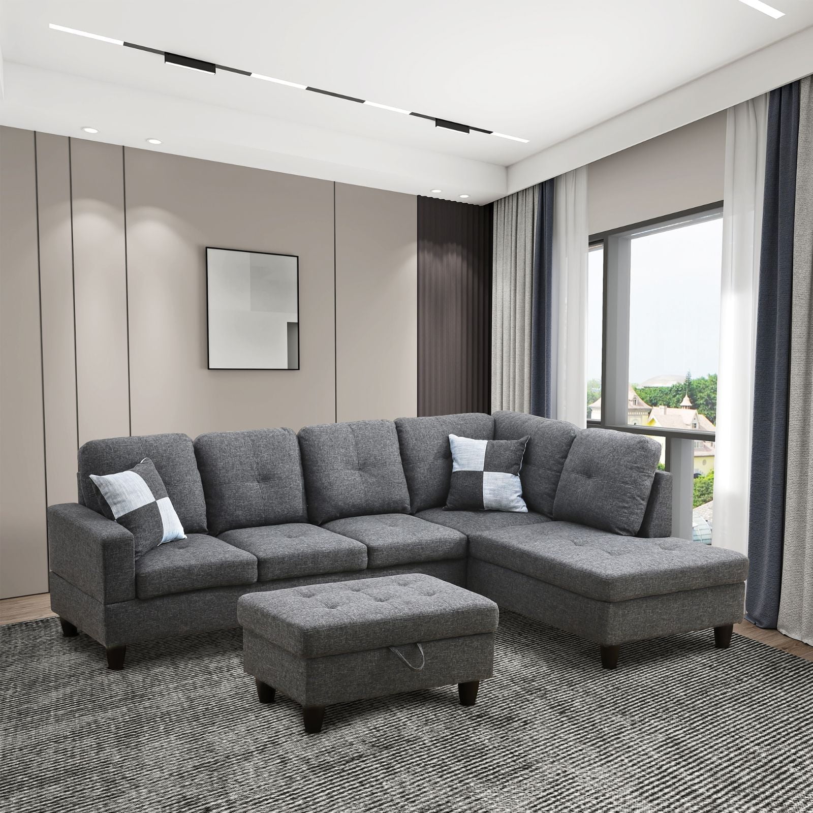 PonLiving 3-Piece L-Shaped Sofa Set with Chaise, Ottoman, Pillows ...