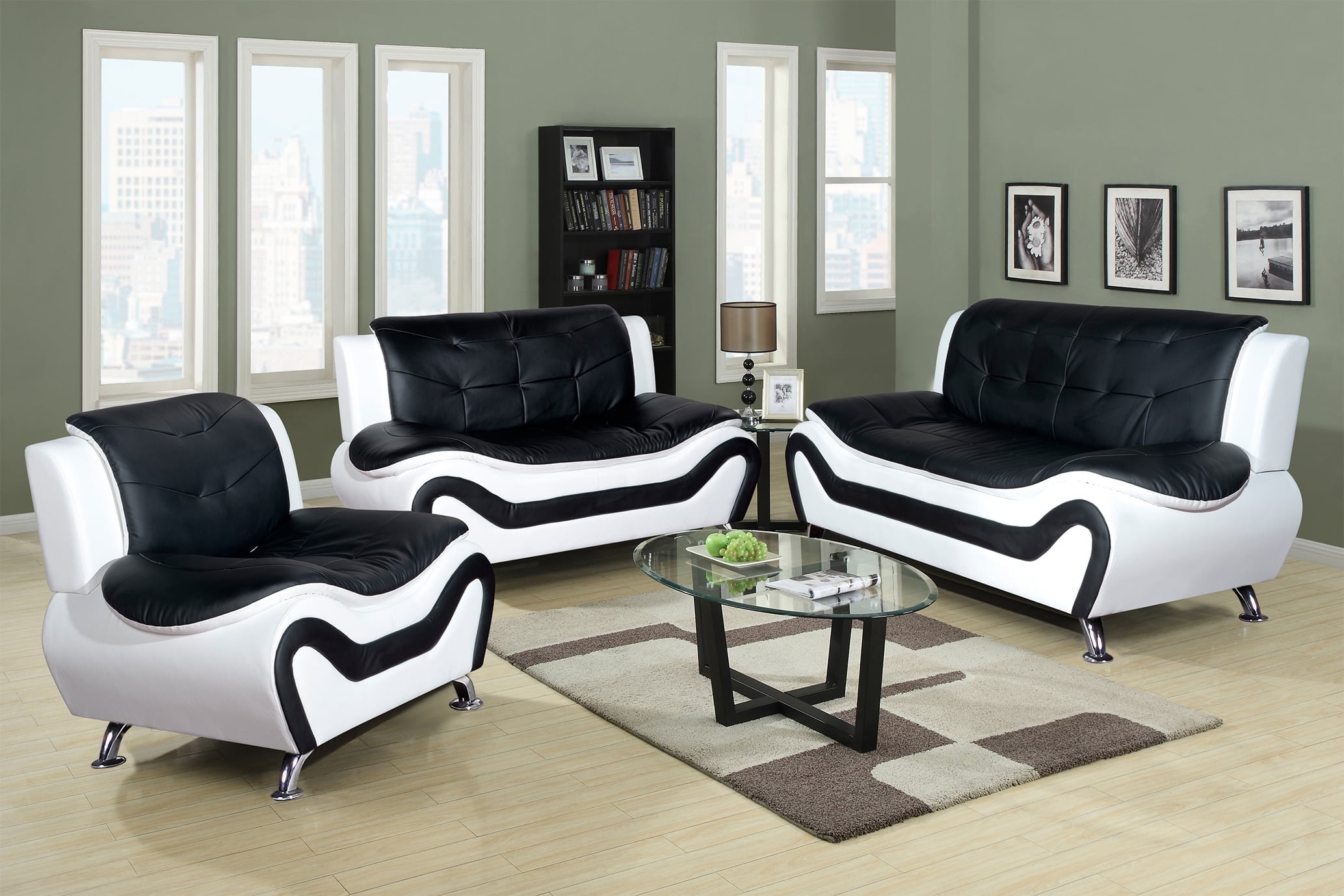 Aldo Black and White Faux Leather 3-Piece Sofa Set