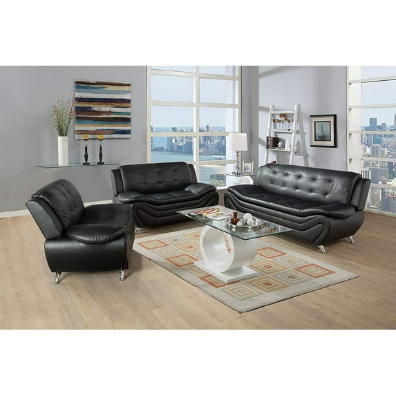 PonLiving Furniture 3 Piece Faux Leather Contemporary Living Room Sofa, Loveseat, Chair Set. Black PonLiving 3 Piece Faux Leather Contemporary Living Room Sofa, Loveseat, Chair Set. Black