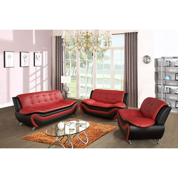 PonLiving Furniture 3 Piece Faux Leather Contemporary Living Room Sofa, Loveseat, Chair Set. Black&Red PonLiving 3 Piece Faux Leather Contemporary Living Room Sofa, Loveseat, Chair Set. Black&Red