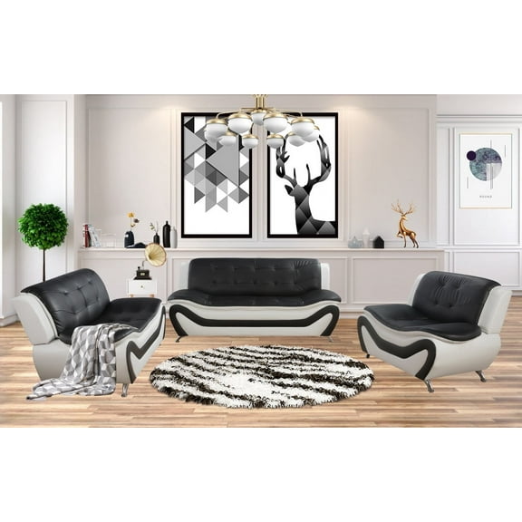 PonLiving Furniture 3 Piece Faux Leather Contemporary Living Room Sofa, Loveseat, Chair Set. Black&White