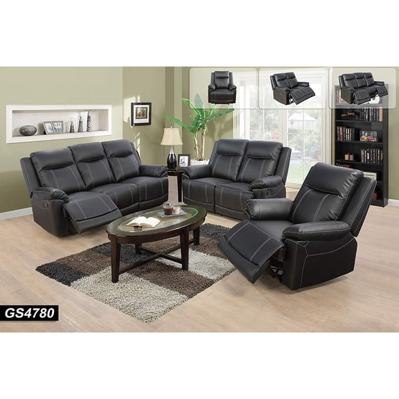 PonLiving Furniture 3-Pieces Reclining Living Room Sofa Set,Bonded Leather,Black Lifestyle Furniture 3-Pieces Reclining Living Room Sofa Set,Bonded Leather,Black