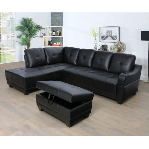 PonLiving Furniture 96" Wide Black Leather Sectional Left Hand Facing Sofa & Chaise with Ottoman PonLiving Furniture 96" Wide Black Leather Sectional Left Hand Facing Sofa & Chaise with Ottoman