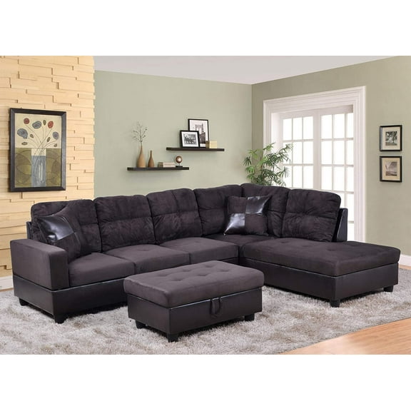 PonLiving Furniture Aiden 104" Sectional Sofa & Chaise with Ottoman Microfiber and faux leather upholstery Espresso Right Hand Facing