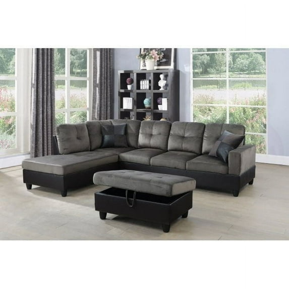 PonLiving Furniture Aiden 104" Sectional Sofa & Chaise with Ottoman Microfiber and faux leather upholstery Taupe Gray Left Hand Facing