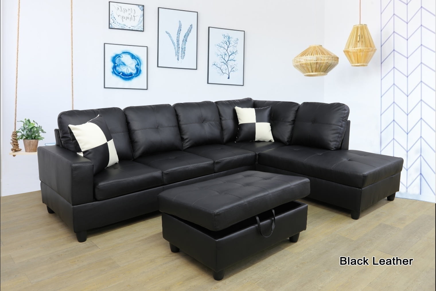 PonLiving Furniture Black Faux Leather 3 Piece Sectional Sofa Couch Set, L-Shaped Modern Sofa with Chaise Storage Ottoman for Living Room Furniture, Right Hand Facing