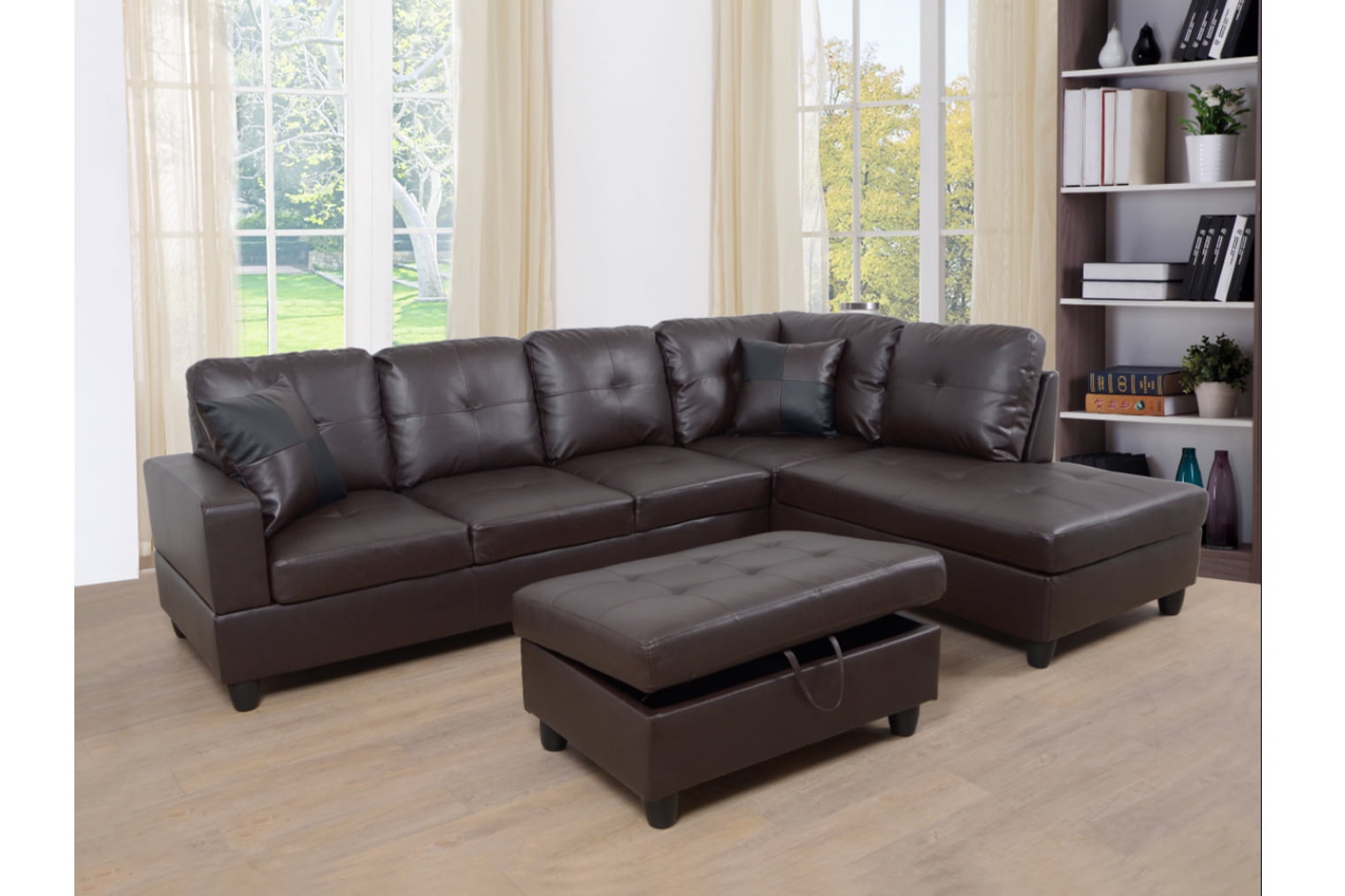 PonLiving Furniture Brown Faux Leather 3 Piece Sectional Sofa Couch Set, L-Shaped Modern Sofa with Chaise Storage Ottoman for Living Room Furniture, Right Hand Facing