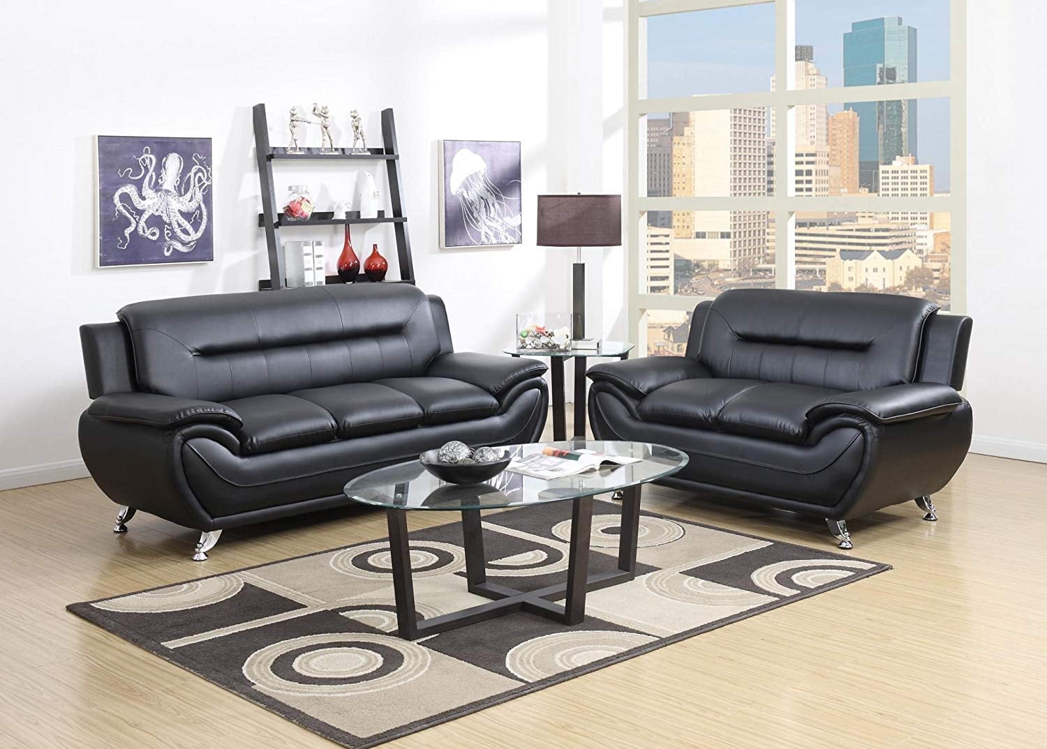 PonLiving Furniture Contemporary Bonded Leather Sofa & Loveseat Set, 2 Piece Sofa Set (BLACK) GTU Furniture Contemporary Bonded Leather Sofa & Loveseat Set, 2 Piece Sofa Set (BLACK)