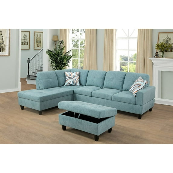 PonLiving Furniture Faux Leather 3 Piece Sectional Sofa Couch Set, L-Shaped Modern Sofa with Chaise Storage Ottoman and Pillows for Living Room Furniture