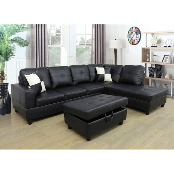 PonLiving Furniture Faux Leather 3 Piece Sectional Sofa Couch Set, L-Shaped Modern Sofa with Chaise Storage Ottoman and Pillows for Living Room Furniture, Left Hand Facing Sectional Sofa Set Black