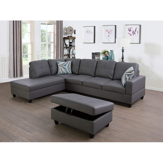 PonLiving Furniture Faux Leather 3 Piece Sectional Sofa Couch Set, L-Shaped Modern Sofa with Chaise Storage Ottoman and Pillows for Living Room Furniture