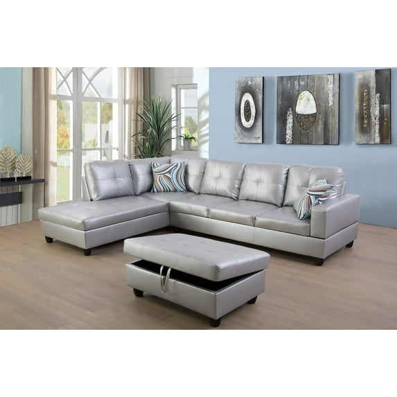 PonLiving Furniture Faux Leather 3 Piece Sectional Sofa Couch Set, L-Shaped Modern Sofa with Chaise Storage Ottoman and Pillows for Living Room Furniture