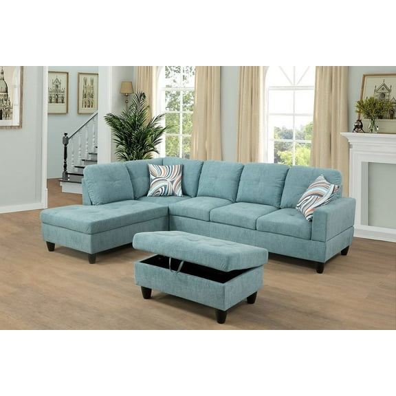 PonLiving Furniture Faux Leather 3 Piece Sectional Sofa Couch Set, L-Shaped Modern Sofa with Chaise Storage Ottoman and Pillows for Living Room Furniture