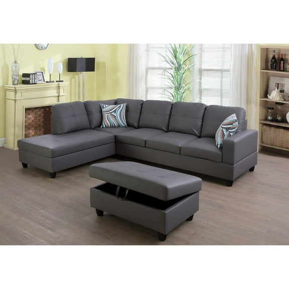 PonLiving Furniture Faux Leather Grey Left Hand Facing 3 Piece Sectional L-Shaped Modern Sofa with Chaise Storage Ottoman and Pillows for Living Room Furniture