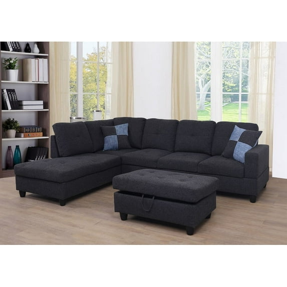 PonLiving Furniture Frame 103.5'' Left or Right Facing Sleeper Sectional with Storage Ottoman, Living Room Sectional Couches Set, Red Leather Sectional Sofa