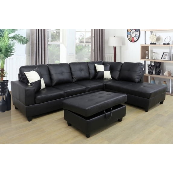 PonLiving Furniture Frame 103.5'' Left or Right Facing Sleeper Sectional with Storage Ottoman, Living Room Sectional Couches Set, Red Leather Sectional Sofa