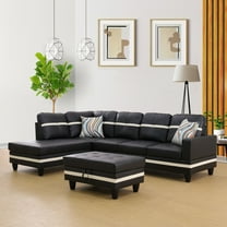 PonLiving Furniture L-Shaped Sectional Sofa Set, Black Leather Living Room Sets in Home, with Storage Ottoman and Matching Pillows Left Hand Facing