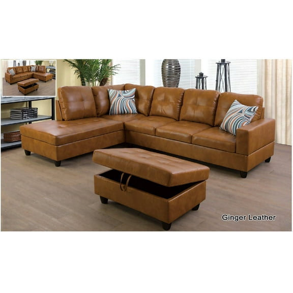 PonLiving Furniture L-Shaped Sectional Sofa Set, Ginger Leather Living Room Sets in Home, with Storage Ottoman and Matching Pillows Left Hand Facing