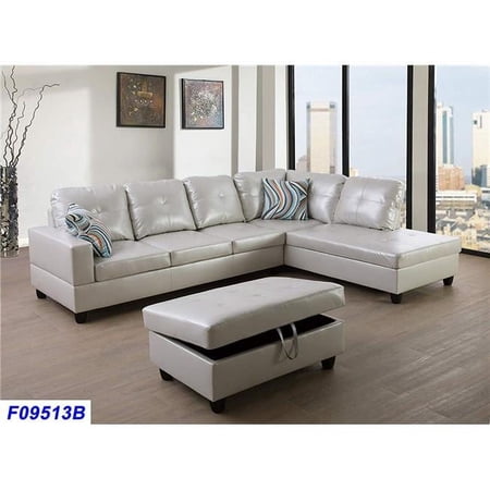 PonLiving Furniture LSF09513B 3 Piece Right Facing Sectional Sofa Set with Ottoman, Faux Leather - Powder